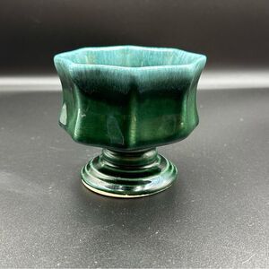 Mid-Century HULL Pottery Pedestal Planter Green Drip Glaze Octagonal 3.5" Tall